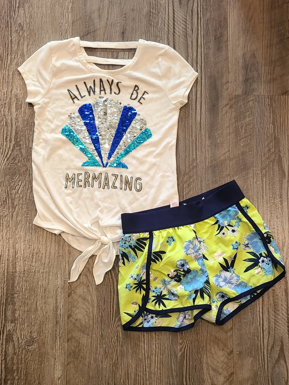 Always Be Mermaids Flip Sequins Top & Matching Tropical Shorts Size 7/8